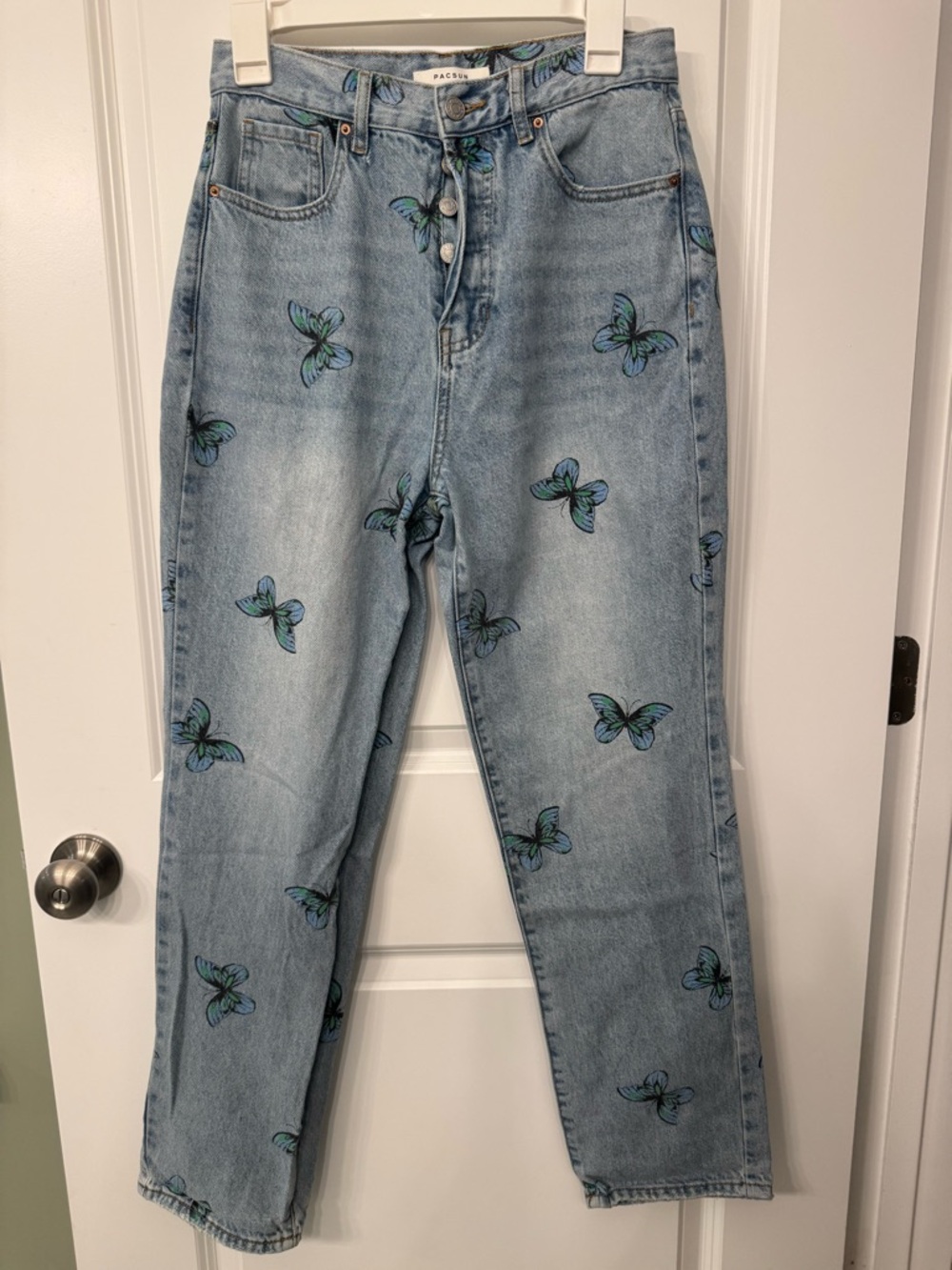 PacSun Light Blue Straight Leg Jeans with Turquoise Butterfly Print